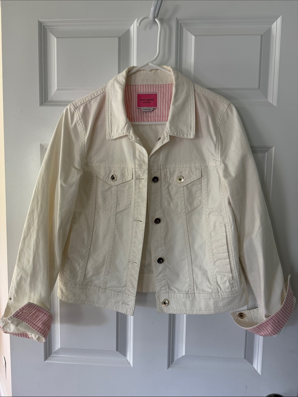 kate spade white Jean Jacket with Pink Stripe Accents